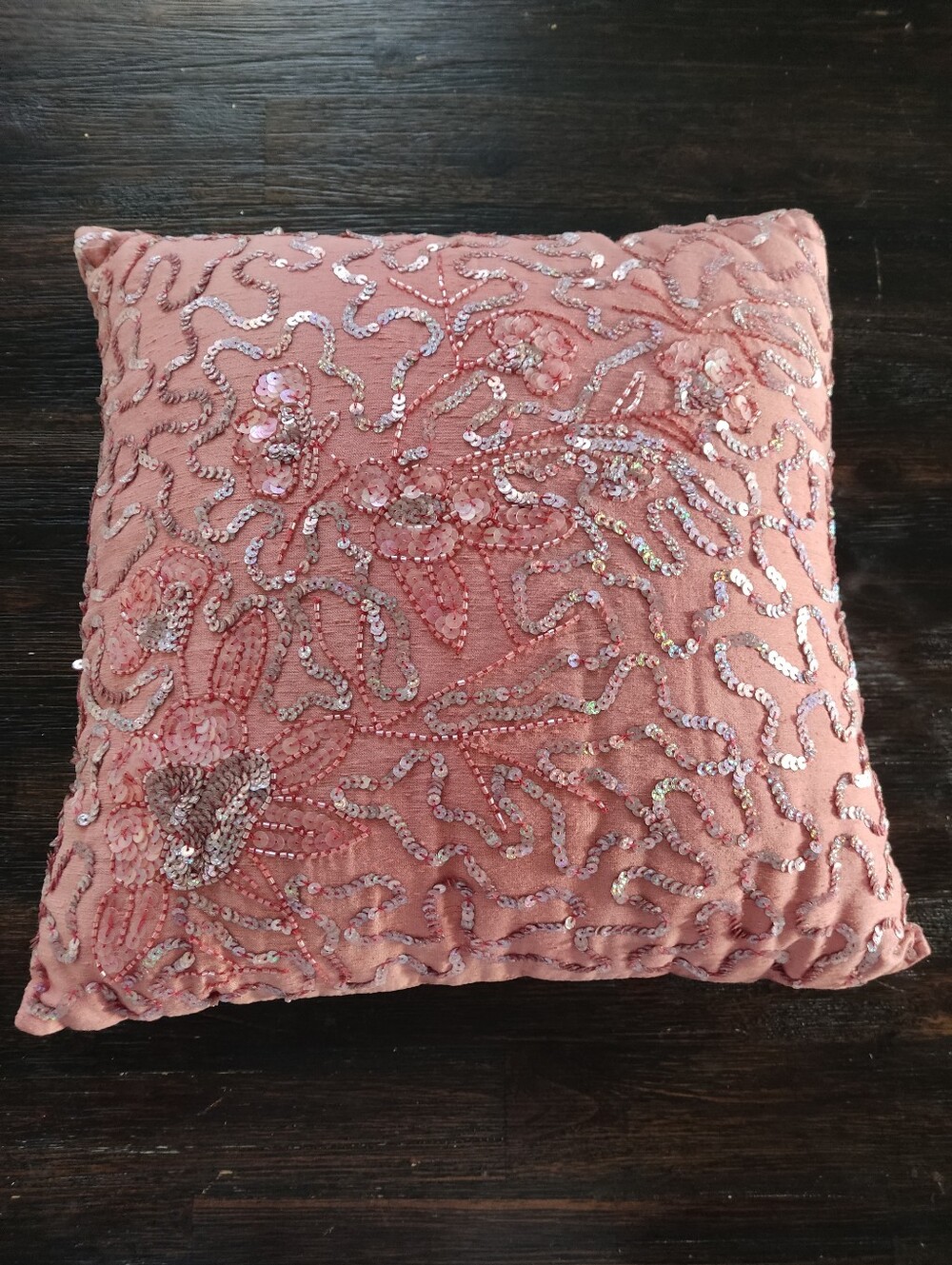 Pink Beaded & Sequined Floral Silk Accent Throw Pillow 14x14